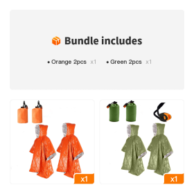 2pcs Emergency Blanket Poncho; Ultralight Waterproof Thermal Survival Space Blanket Ponchos For Outdoor Camping Hiking (Color: Orange 2pcs+Green 2pcs)