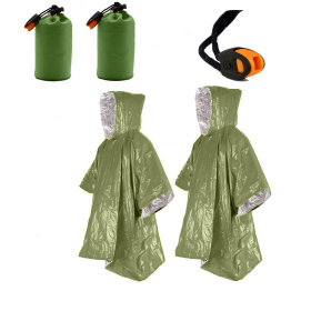 2pcs Emergency Blanket Poncho; Ultralight Waterproof Thermal Survival Space Blanket Ponchos For Outdoor Camping Hiking (Color: Green 2pcs)