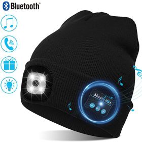 Unisex Bluetooth Beanie Hat with Light;  Built-in Speaker Mic;  Headlamp Cap with Headphones;  Tech Gift for Men Women (Color: Black)