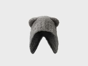 Lovely Teddy Bear Ear Wool Hat Autumn And Winter Ear Protector Big Head Warm Knit Cold Hat (Color: Light Grey)