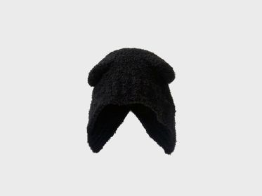 Lovely Teddy Bear Ear Wool Hat Autumn And Winter Ear Protector Big Head Warm Knit Cold Hat (Color: Black)