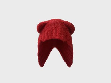 Lovely Teddy Bear Ear Wool Hat Autumn And Winter Ear Protector Big Head Warm Knit Cold Hat (Color: Red)