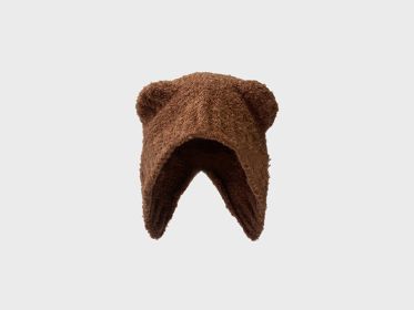 Lovely Teddy Bear Ear Wool Hat Autumn And Winter Ear Protector Big Head Warm Knit Cold Hat (Color: Brown)