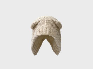 Lovely Teddy Bear Ear Wool Hat Autumn And Winter Ear Protector Big Head Warm Knit Cold Hat (Color: Beige)