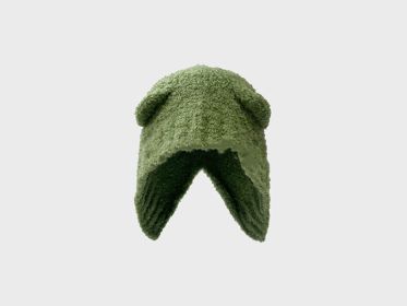 Lovely Teddy Bear Ear Wool Hat Autumn And Winter Ear Protector Big Head Warm Knit Cold Hat (Color: Green)