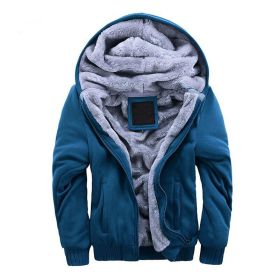 Mens Hoodies Fleece Hooded Sweatershirt Winter Warm Thick Coat Jackets (Color: Blue)