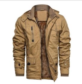 Mens Hooded Casual Zipper Fleece Jacket (Color: Brown)