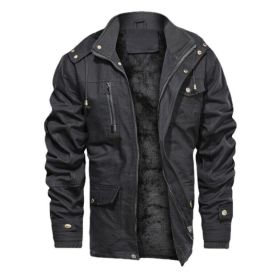 Mens Hooded Casual Zipper Fleece Jacket (Color: Black)