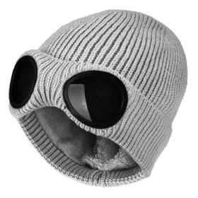 New Winter Hat With Lenses Goggle Beanie Hat With Lenses Knitted Beanies Thick Fleece Warm Hat Unisex Adult Multi-Function Caps (Color: Grey)