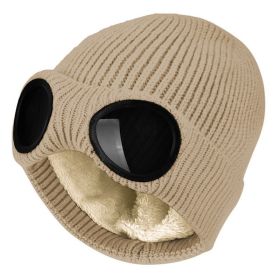New Winter Hat With Lenses Goggle Beanie Hat With Lenses Knitted Beanies Thick Fleece Warm Hat Unisex Adult Multi-Function Caps (Color: Beige)