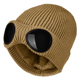 New Winter Hat With Lenses Goggle Beanie Hat With Lenses Knitted Beanies Thick Fleece Warm Hat Unisex Adult Multi-Function Caps (Color: Light brown)