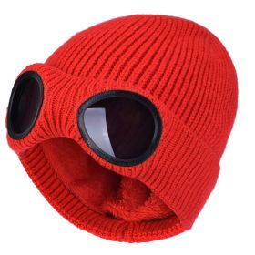 New Winter Hat With Lenses Goggle Beanie Hat With Lenses Knitted Beanies Thick Fleece Warm Hat Unisex Adult Multi-Function Caps (Color: Red)