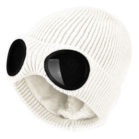 New Winter Hat With Lenses Goggle Beanie Hat With Lenses Knitted Beanies Thick Fleece Warm Hat Unisex Adult Multi-Function Caps (Color: White)