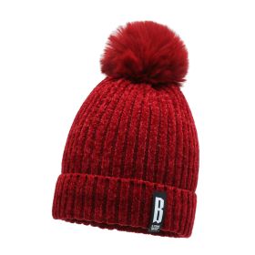 Winter Hats for Woman Thicker Beanies Chenille Ball Knitted Cap Girls Autumn Beanie Hats Fleece-lined Warmer Bonnet Casual Cap (Color: Wine Red Beanie)