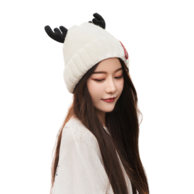Winter Knitted Hat Deer Beanie Hat Adorable Antler Cap (Color: White)