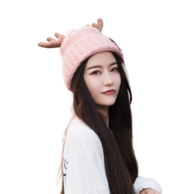 Winter Knitted Hat Deer Beanie Hat Adorable Antler Cap (Color: Pink)