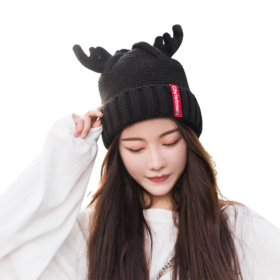 Winter Knitted Hat Deer Beanie Hat Adorable Antler Cap (Color: Black)
