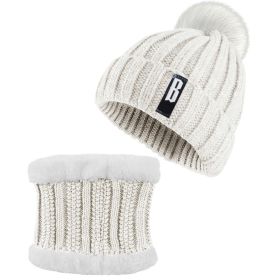Winter Beanie Hat Scarf Set Women Warm Knitting Skull Cap (Color: Cream)