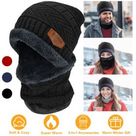Winter Beanie Hat Scarf Set Unisex Warm Knitting Skull Cap Neck Warmer (Color: Black)